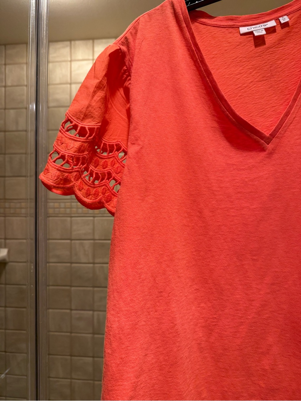 Chico's Coral V-Neck Short Sleeve Top with Eyelet Sleeves, Size 3 (XL) - Picture 3 of 4